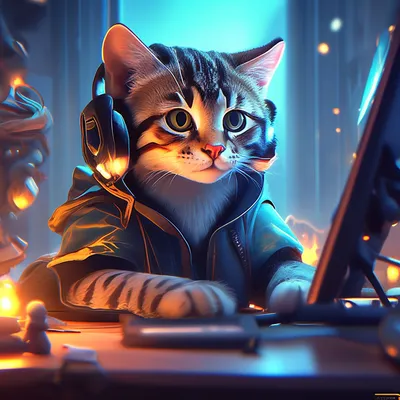 Умный кот компьютерный геймер. …» — создано в Шедевруме