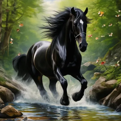 Вороная лошадь перепрыгивает через …» — создано в Шедевруме