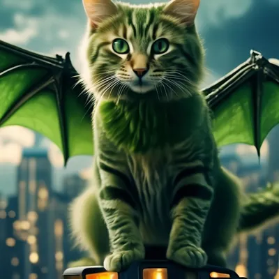 Фото Зеленый кот в шляпке с летучей мышкой среди тыкв