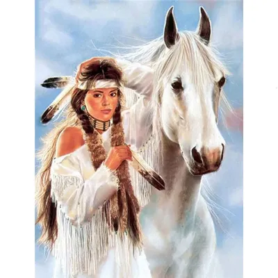 Купить Женщина и белая лошадь картина вышивка крестиком полная Алмазная  ручная мозаика украшение дома | Joom
