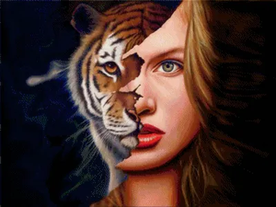 Женщина тигр светлые волосы синие …» — создано в Шедевруме