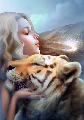 Фото Беловолосая девушка и белый тигр