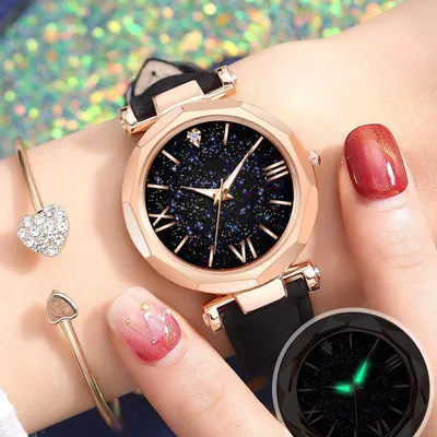 Купить Женские часы «Звездное небо», роскошные наручные часы с кристаллами  и звездами, женские кожаные женские наручные часы | Joom
