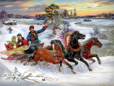 Картина тройка лошадей зимой - 73 фото